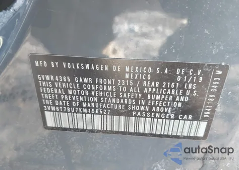 2019 Volkswagen Jetta Gli 2.0T 35Th Anniversary Edition/2.0T Autobahn/2.0T S z USA, uszkodzony, nr VIN 3VW6T7BU7KM156527